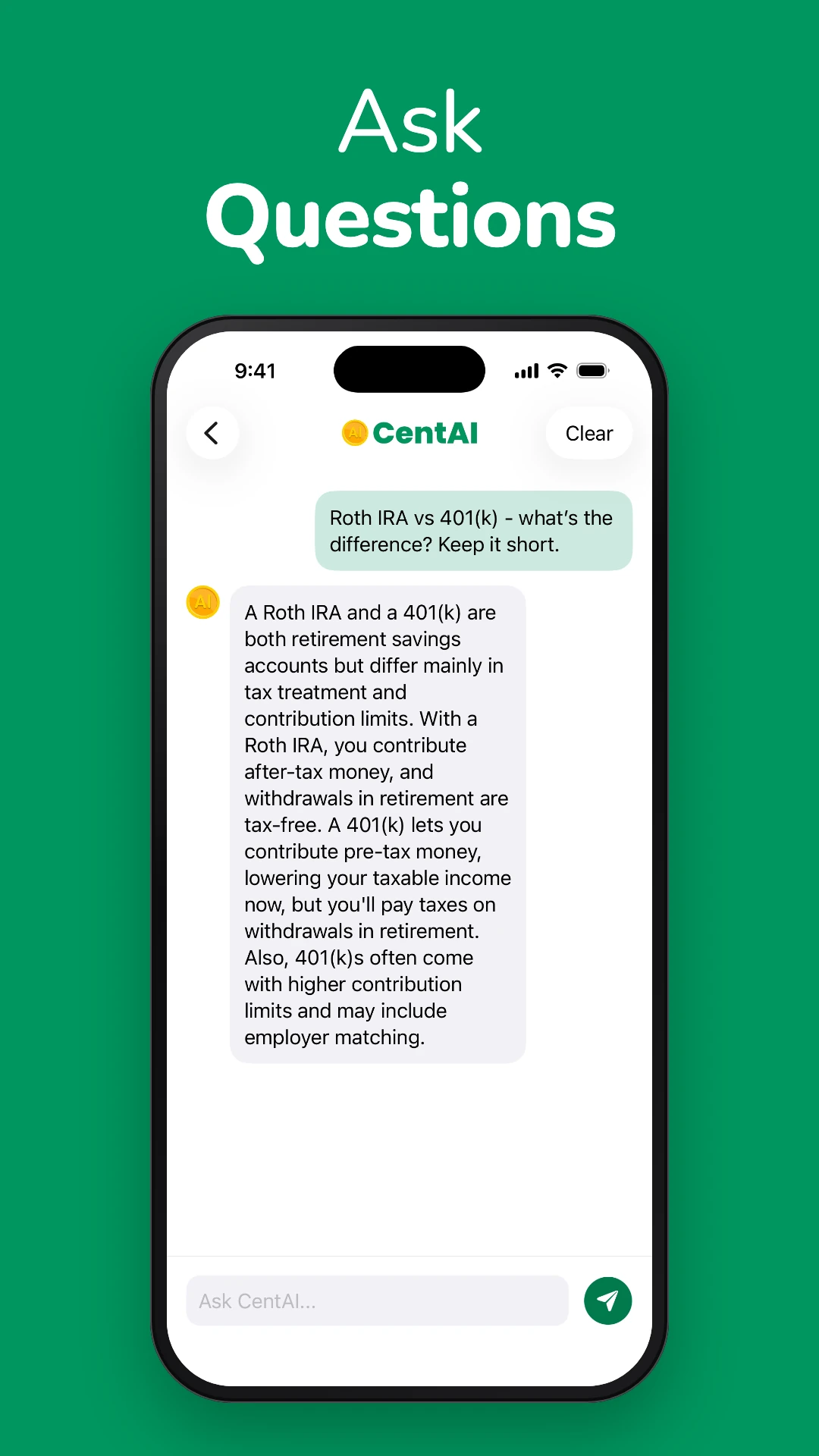 Ask questions: CentAI answering a student's money question in the iPhone app