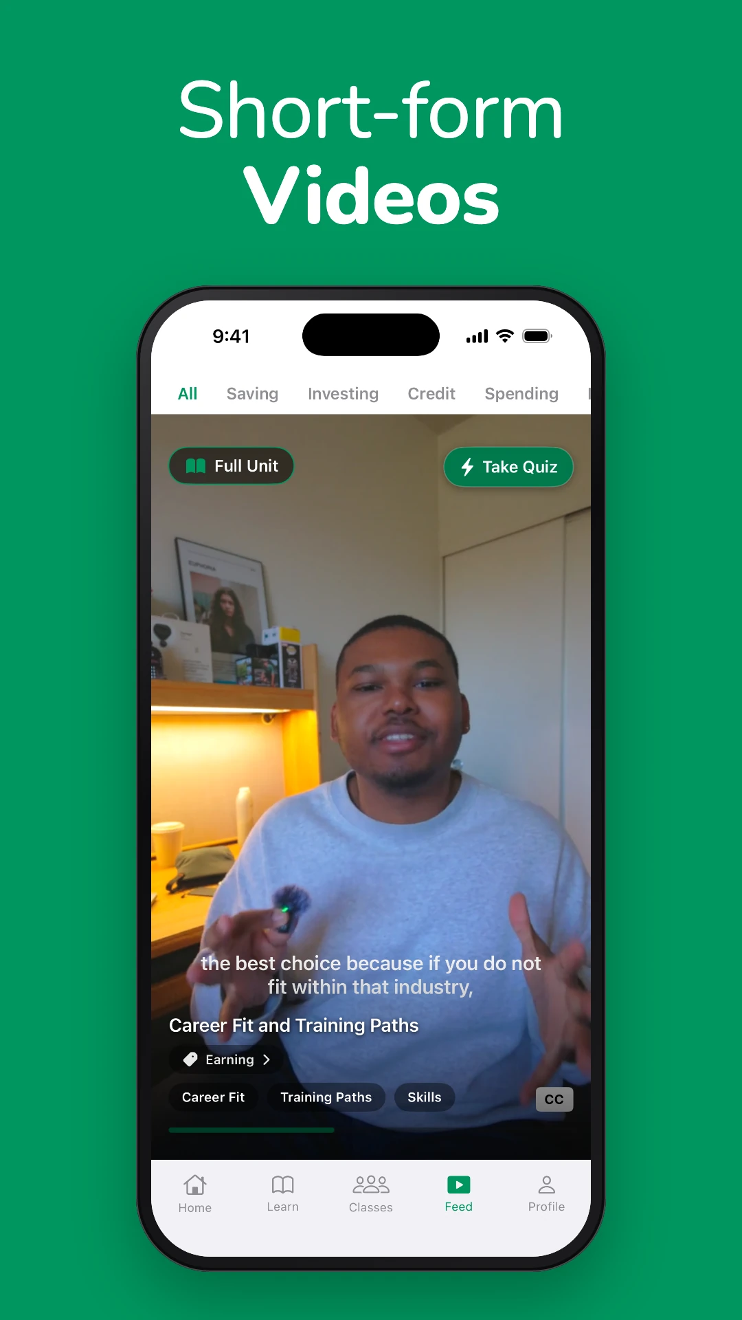 Short-form videos: a CentIQ money video playing in the iPhone app