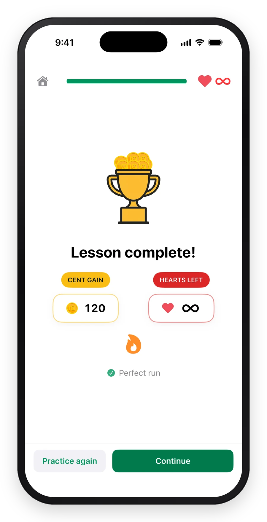 The lesson-complete screen in the CentIQ iPhone app
