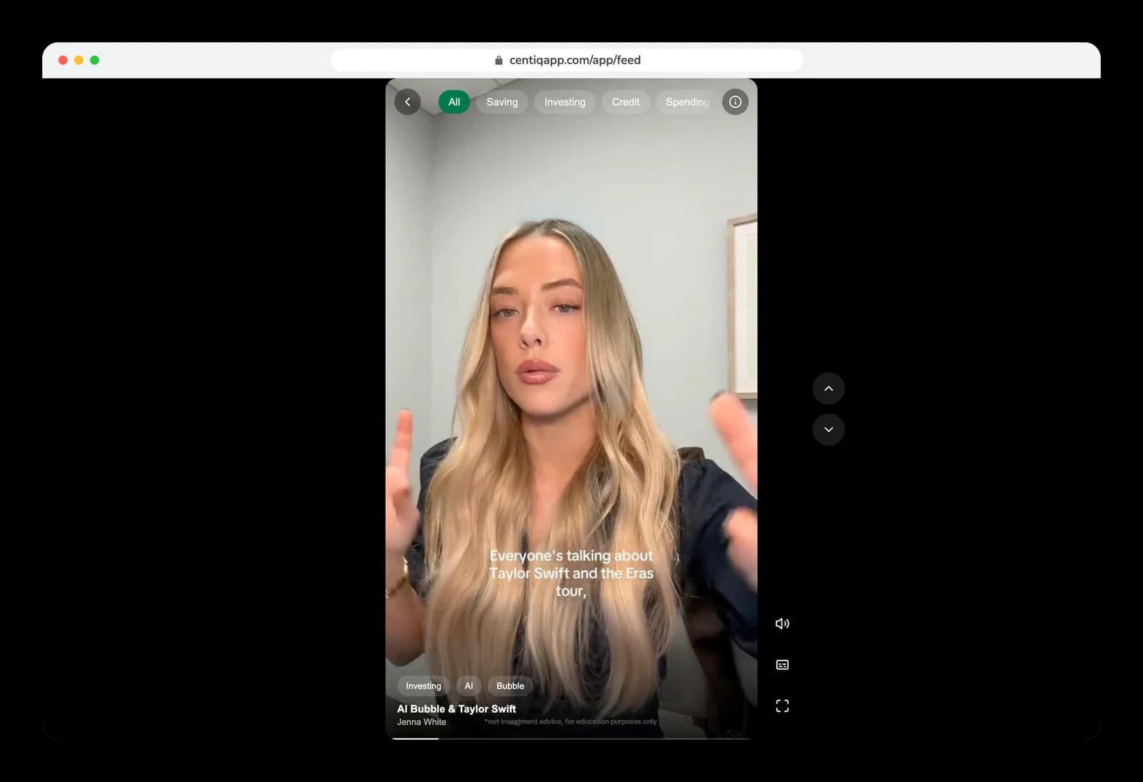 A short-form CentIQ money video playing in a web browser
