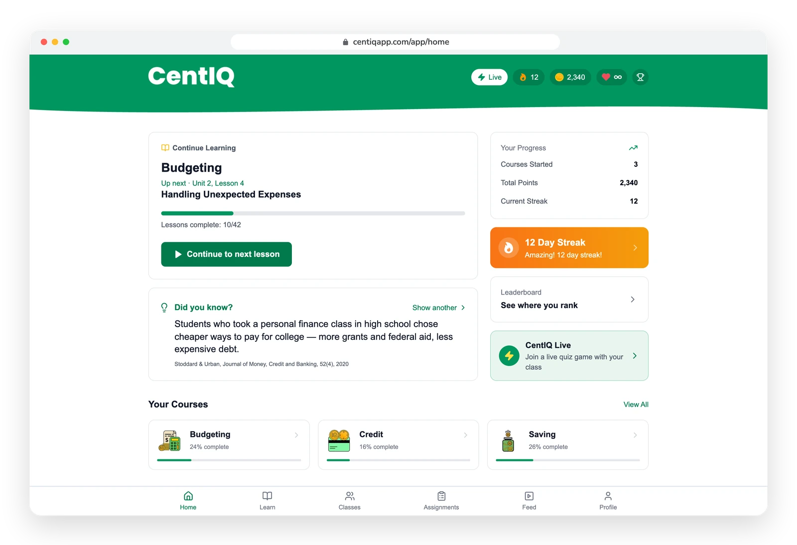 A student's CentIQ home page in a web browser, with the next lesson, streak and courses