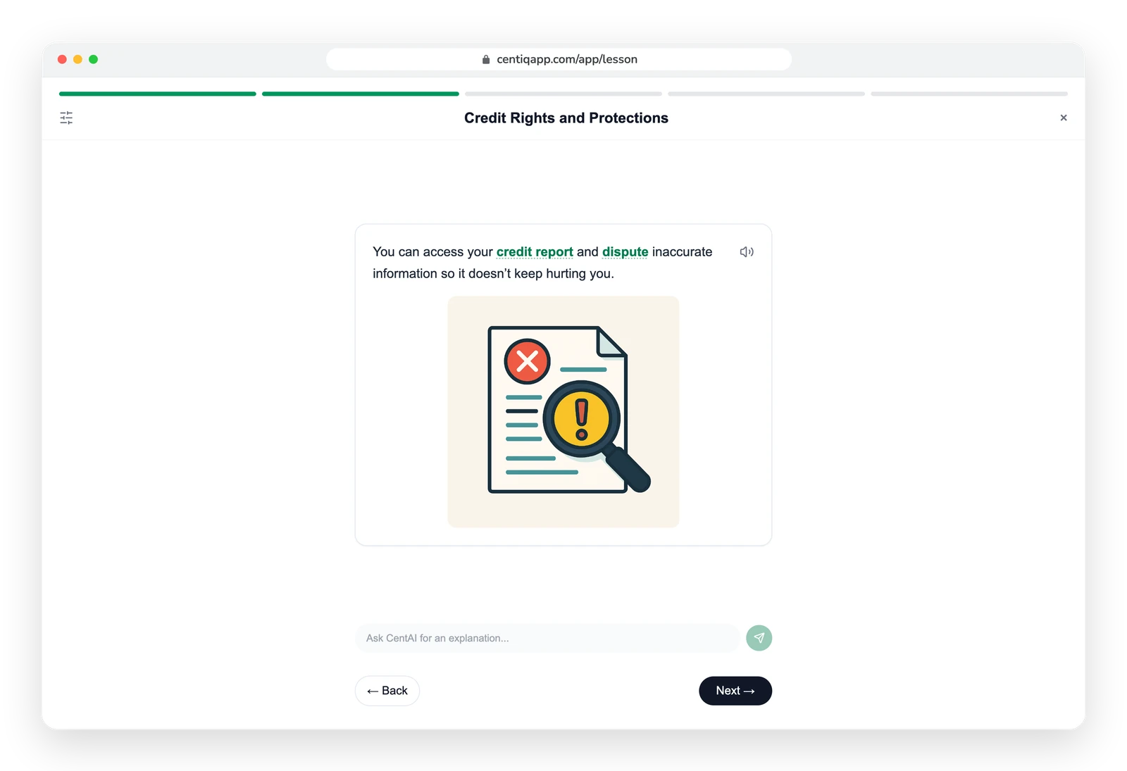 A CentIQ lesson slide in a web browser, with tappable vocabulary and an illustration