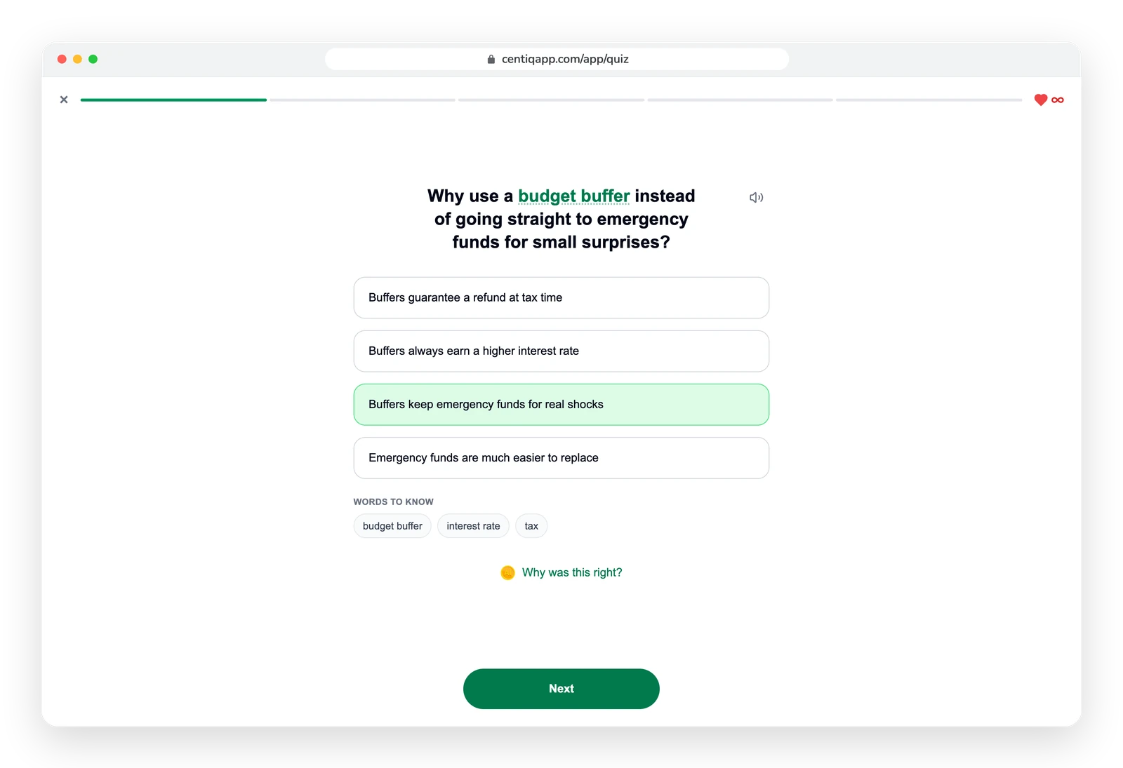 A CentIQ quiz question answered correctly in a web browser
