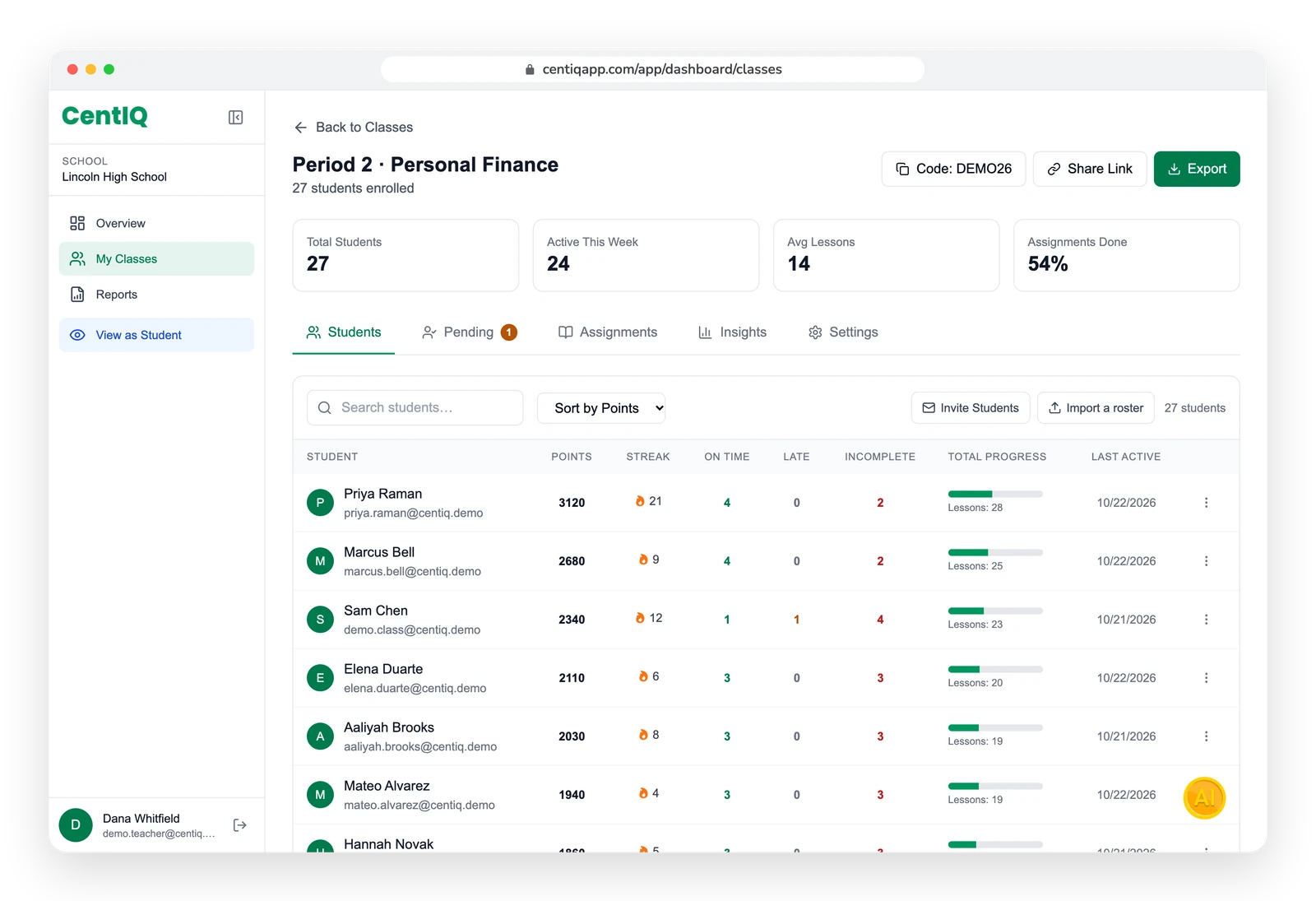 A class roster in the CentIQ teacher dashboard, with each student's points, streak and progress